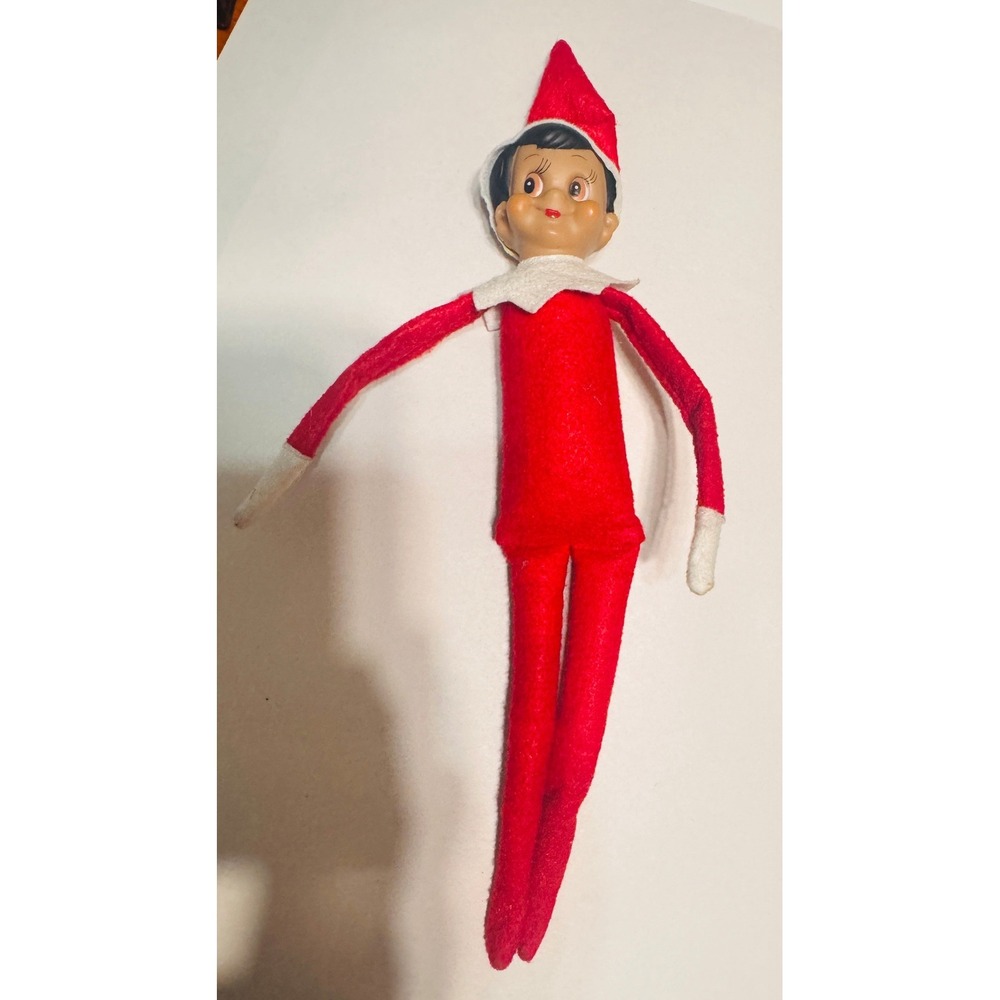 Vintage Christmas Elf on a Shelf Sitter Retro Holiday Decor Doll Red Felt 12"